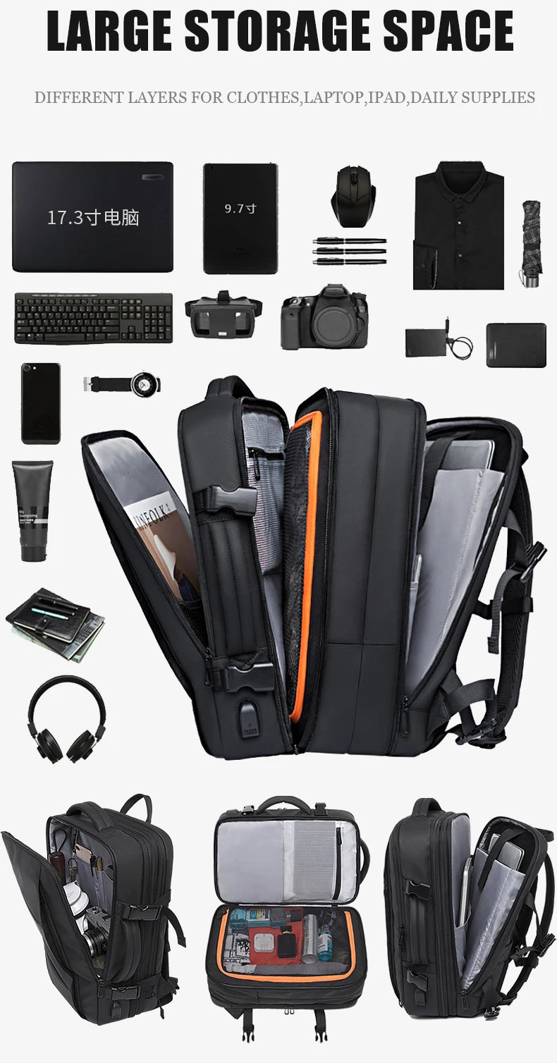 Expandable Men's Waterproof Laptop Backpack (17.3") – Large Capacity Business, Travel & Hiking Bag