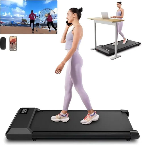 Woman using a portable treadmill with lifestyle images of people exercising and working.